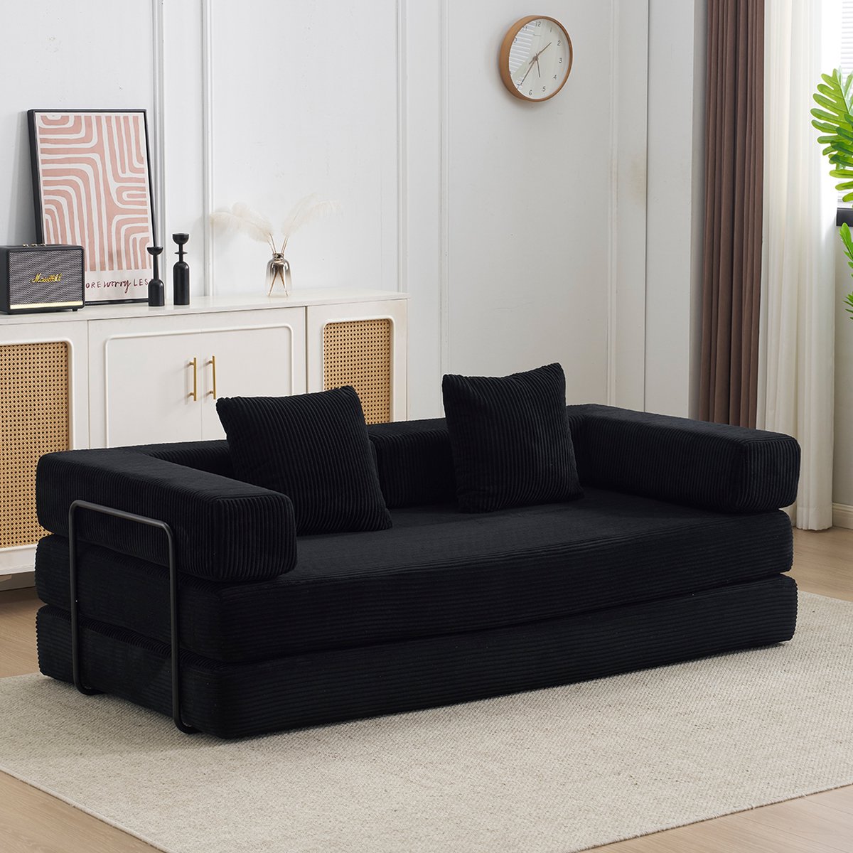 Multifunctionele Corduroy Slaapbank–Vaste Framebank–Opvouwbaar met 2 Kussens en Armleuningen–Comfortabel 2-in-1 Ontwerp–Geschikt voor 2 Personen–Te Gebruiken als Logeerbed, Bank en Ligstoel–Ideaal voor Woonkamer, Appartement of Kleine Ruimtes–Zwart