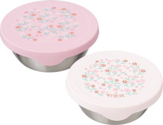 Fresk Boîte à goûter pour enfants - Lot de 2 - Boîtes à goûter en acier inoxydable - Boîtes de conservation compatibles lave-vaisselle - Boîte à fruits pour l’école - Boîtes de conservation alimentaires - Boîte à fruits - Rose - Garden Flowers