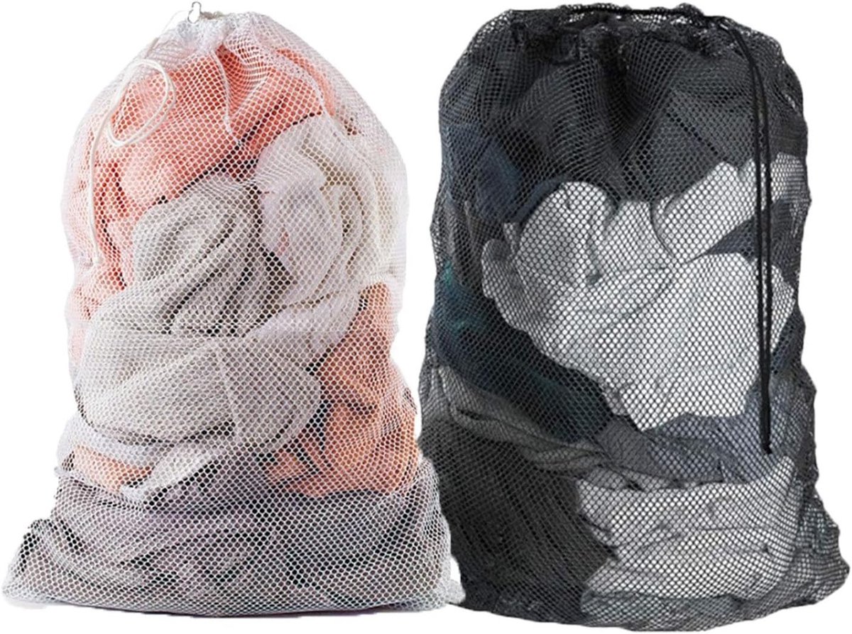 Grote Herbruikbare Waszak van Mesh, 60 x 90 cm, Met Lockable Drawstring, Ideaal voor Kleding, Broeken en Hemden, Wit/Zwart
