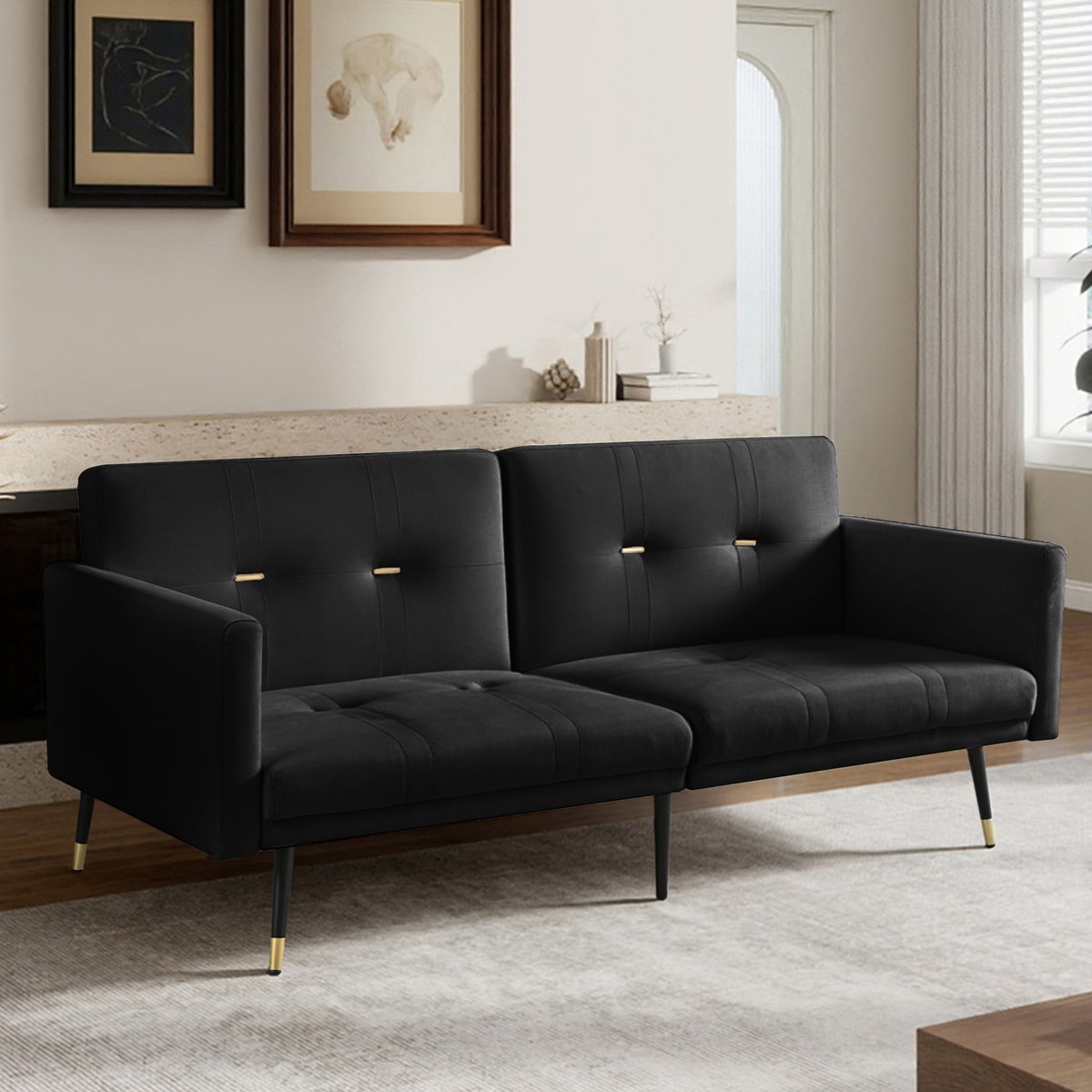 Wishdor 2-Zits Slaapbank - Verstelbare Rugleuningen En Uitklapbare Functie - Modern Ontwerp - Voor Woonkamer Of Slaapkamer - Fluweel - Zwart