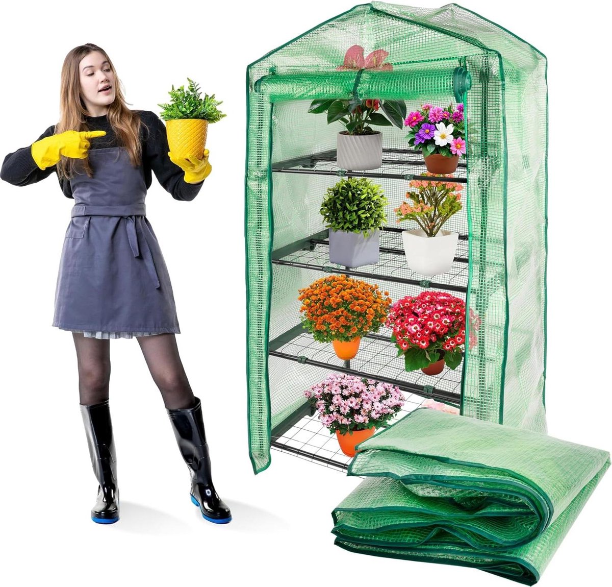 Kasvervanging - Huis voor planten - Planten beschermen - Met oproldeur - 68 x 48 x 160 cm - Groen