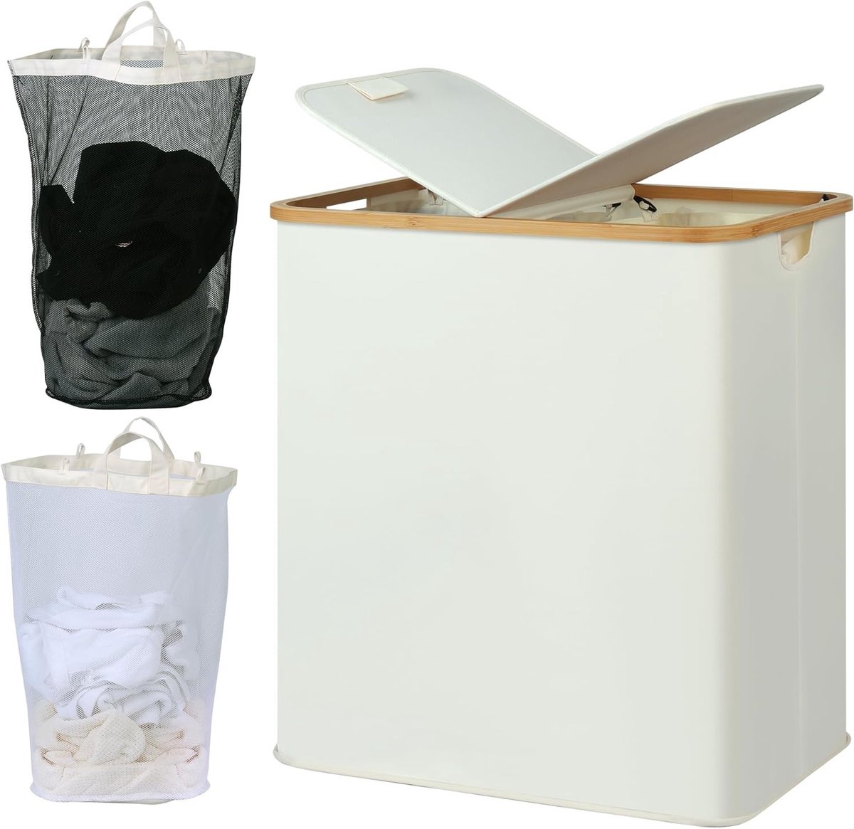 Grote wasmand met deksel, 2 compartimenten, dubbele wasmand met 2 verwijderbare zakken, beige kleur