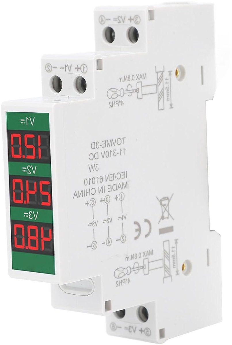 DIN-rail Voltmeter - Spanningsmeter Modulair - Realtime Monitoring - Schakeluitgang Functie - DC 11-310V - Grijs