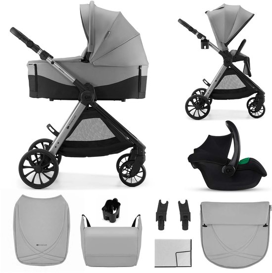 Poussette grise avec nacelle et siège auto, incluant des accessoires comme un couvre-pieds et un sac.