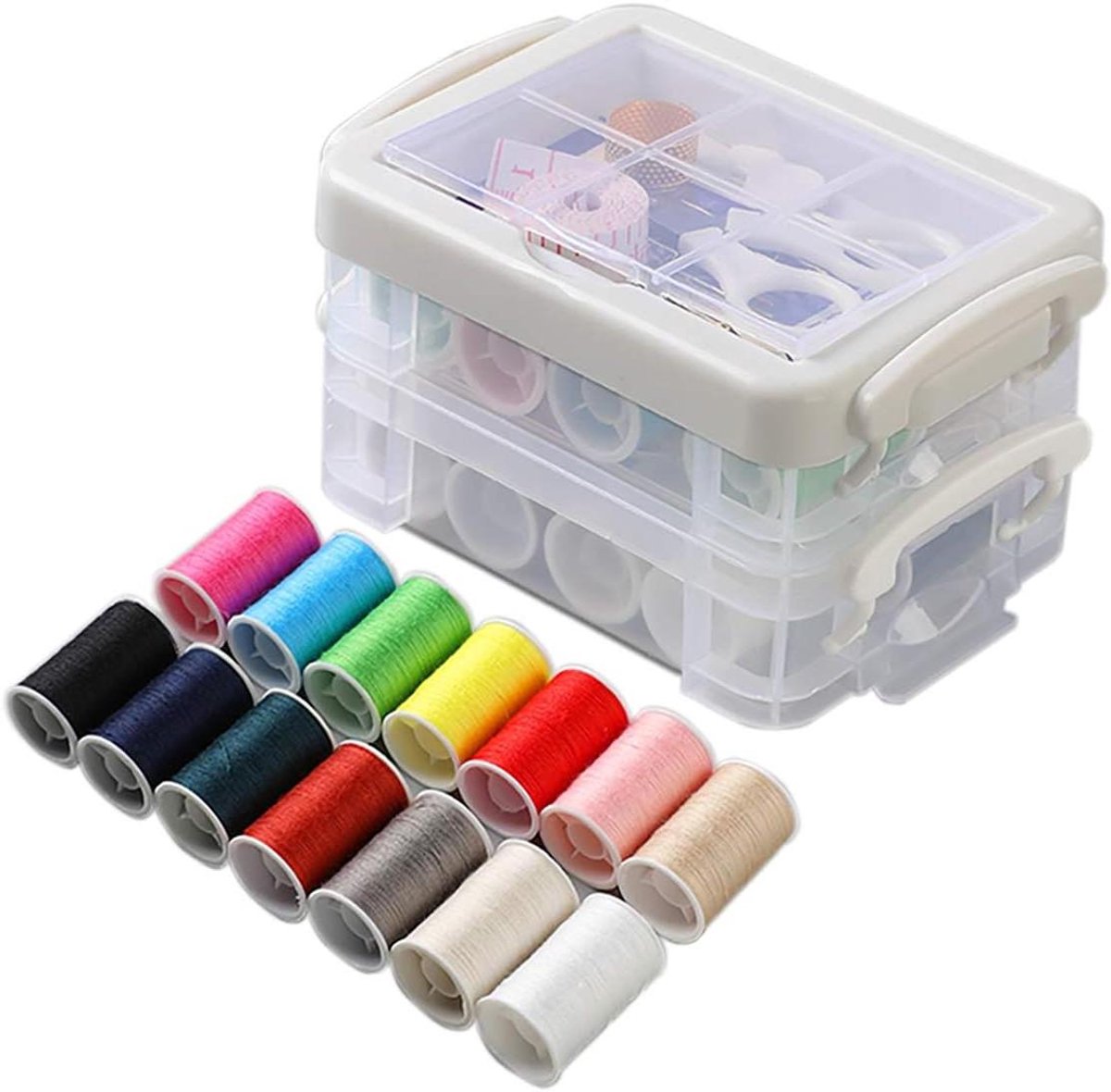 Naaiset Plastic Doos - Reis Naaiset - Kleding Repareren - Drielaags Opbergontwerp - 16 Kleuren Draad - Transparant