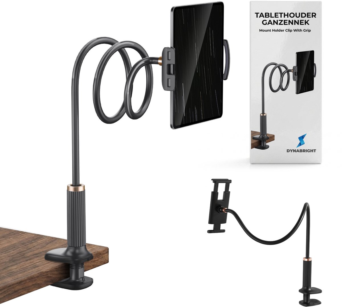 Dynabright Tablet Houder - Zwanenhals - Tafelklem - Telefoonhouder - Flexibel & Verstelbaar 360° - Tablets & Telefoons - Handsfree Bed & Bureau Stand