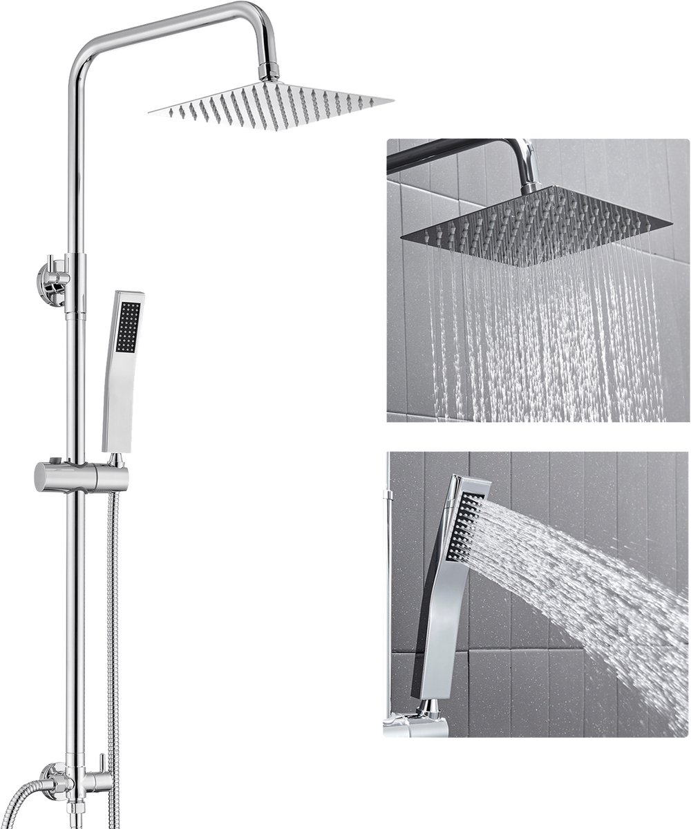 DERW Max Douche Set - Regendouche en Handdouche - RVS - Douchesysteem - Verstelbare Hoogte 72-110 cm - Vierkant Design - Zonder Kraan - Waterbesparend - Chroom