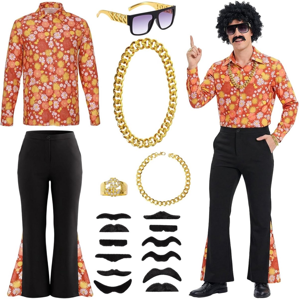 Hippie Kostuum Set voor Mannen met 18 Stukken voor Disco en Raveparty in de Jaren '70, Perfect voor Carnaval en Themafeesten