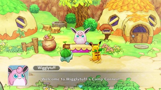 Wigglytuff's Camp Corner met Wigglytuff, Pikachu en Bulbasaur in een buitenomgeving.