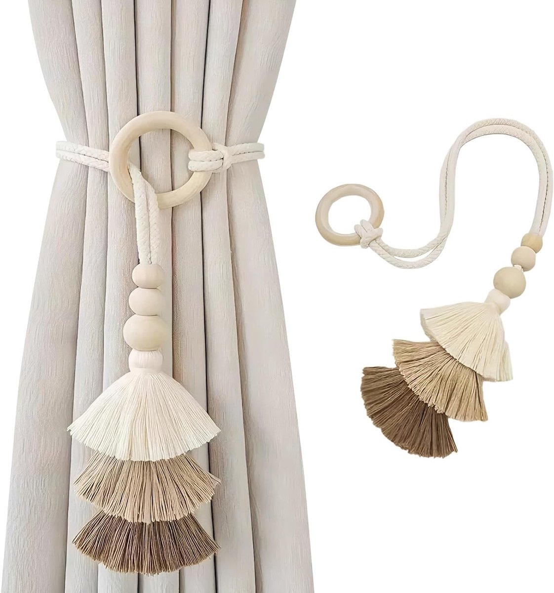 Set van 2 gordijnhouders met houten ring, boho design, handgeweven katoen met franjes, rustieke stijl, accessoires voor woonkamer en slaapkamer decoratie, gordijnen ophangen en interieurstyling