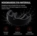 Zwarte gebitsbeschermer, gemaakt van EVA, met iconen voor duurzaamheid en schokabsorptie.