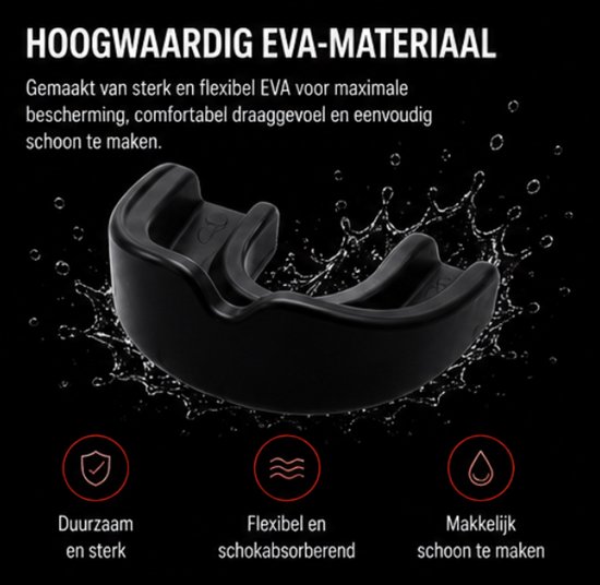 Zwarte gebitsbeschermer, gemaakt van EVA, met iconen voor duurzaamheid en schokabsorptie.