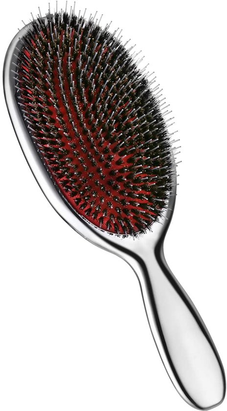 Ovale haarborstel met zilverkleurige handgreep en borstels van zwijnenhaar en nylon.