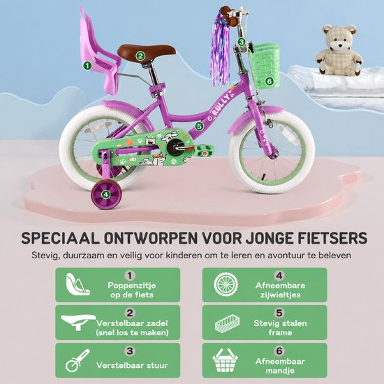 Vankel Kinderfiets 12 Inch - Met Steunwielen - Terugtraprem en Velgrem - Sterk Stalen Frame - Volledig Gesloten Kettingkast - Afneembare Fietsmand - Verstelbaar Zadel - Antislip Banden - Geschikt voor 2-4 Jaar - Duurzame Kinderfiets - Paars van VANKEL — afbeelding 3