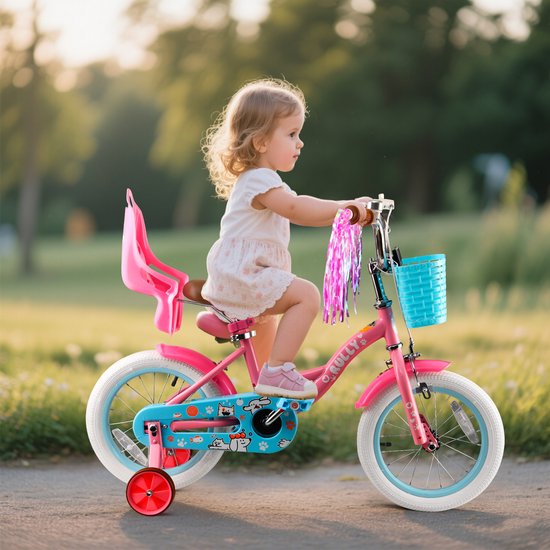 Vankel Kinderfiets 12 Inch - Met Steunwielen - Terugtraprem en Velgrem - Sterk Stalen Frame - Volledig Gesloten Kettingkast - Afneembare Fietsmand - Verstelbaar Zadel - Antislip Banden - Geschikt voor 2-4 Jaar - Duurzame Kinderfiets - Roze van VANKEL — afbeelding 2