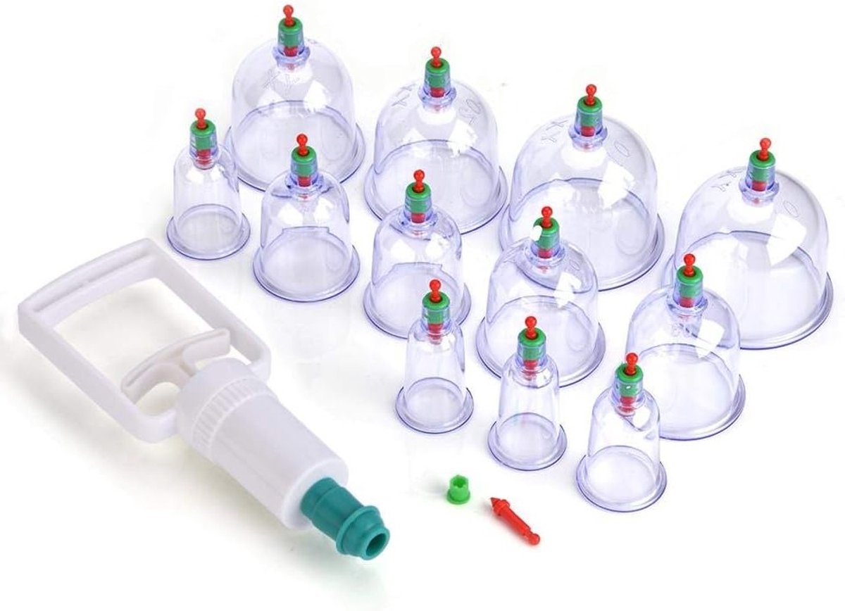 12-delige cupping set voor effectieve cupping massage, acupunctuur zuignappen en ontspanningstechnieken, transparant en met hitte