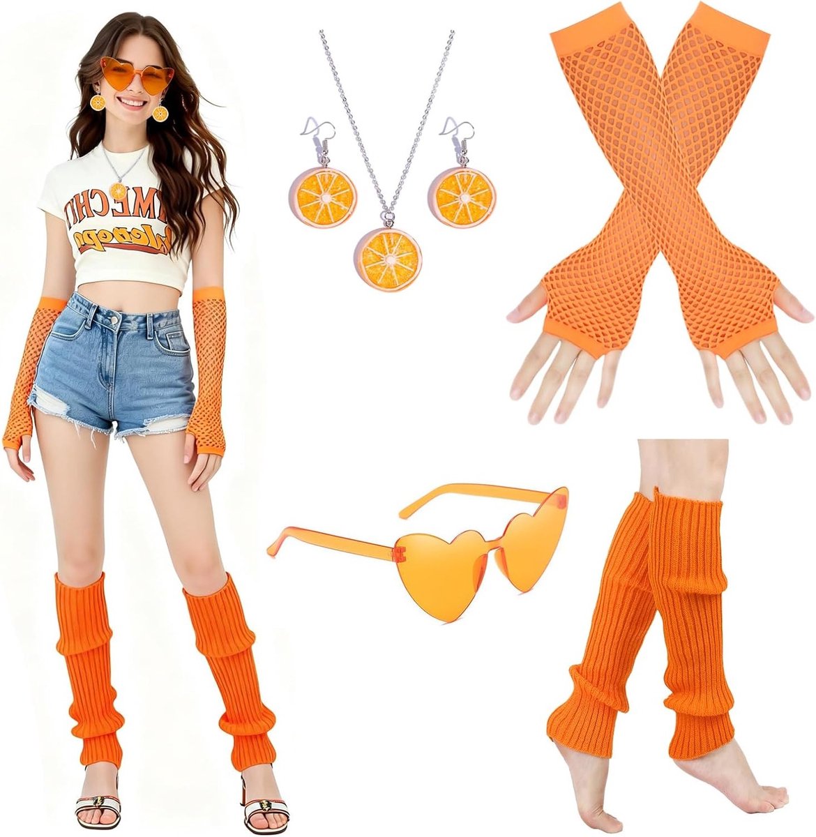 Vrouwelijk Carnaval Kostuum in Oranje met Accessoires, Hartvormige Bril, Oorbellen en Net Handschoenen