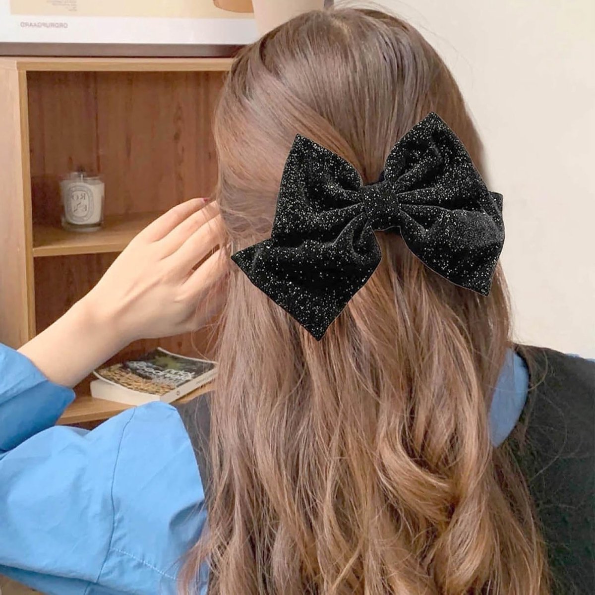 Grote Zwarte Haarstrikken van Fluweel met Glitter voor Dames