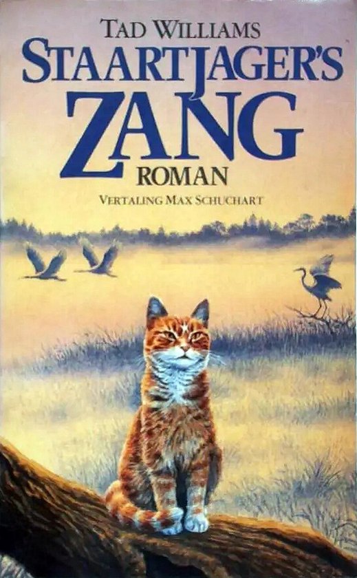 Boek "Staartjager's zang" met een oranje cyperse kat op een tak, met vogels op de achtergrond.