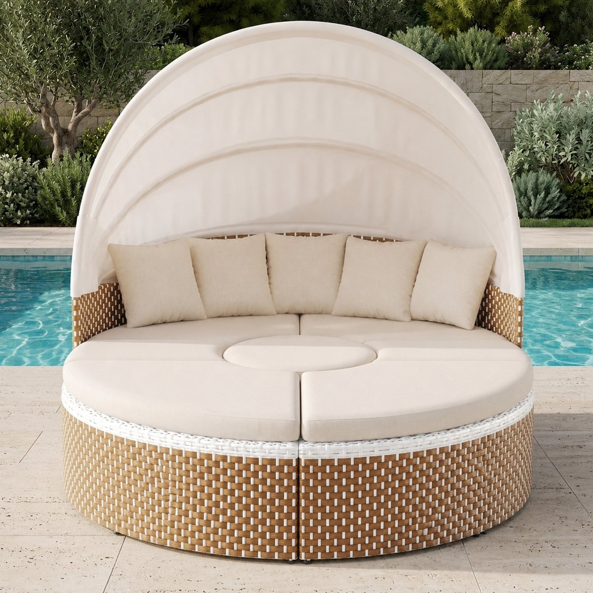 Luxe Rotan Zonne-eiland 2-Persoons met Uitschuifbaar Baldakijn & Opklapbare Tafel – Beige Tuin Loungeset met Dikke Kussens, Weerbestendig & Comfortabel | Industrohome