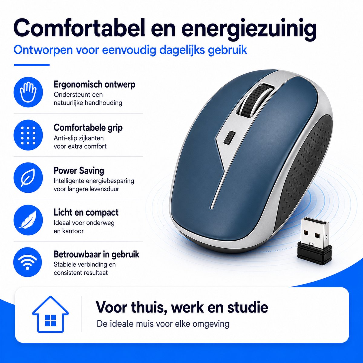 Draadloze Muis 2.4 GHz – Ergonomische USB Muis met Nano Receiver – 1000-1200-1600 DPI – Voor Laptop, PC, Windows en Mac – BlauwZilver thumbnail 7