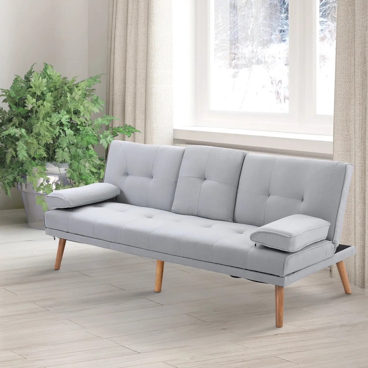 Wishdor Slaapbank Voor Woonkamer - 3-Zits Met Verstelbare Rugleuning En Neerklapbaar Middendeel - Scandinavisch Ontwerp - Polyester - Lichtgrijs - 181 X 77 X 72 Cm