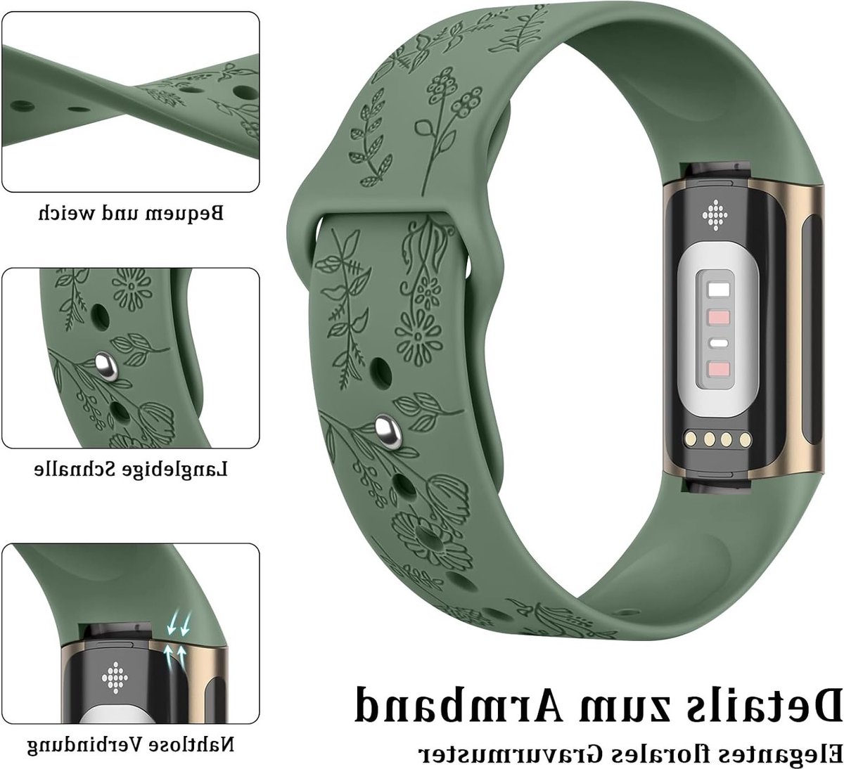 Zachte Waterdichte Silicone Armband voor Fitbit Charge 5 en 6, Gegraveerde Vervangband met Bloemenpatroon voor Dames en Heren