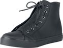 Zwarte hoge sneaker met ritssluiting, strik-veters en rubberen neus, zijaanzicht.