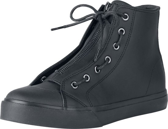 Zwarte hoge sneaker met ritssluiting, strik-veters en rubberen neus, zijaanzicht.