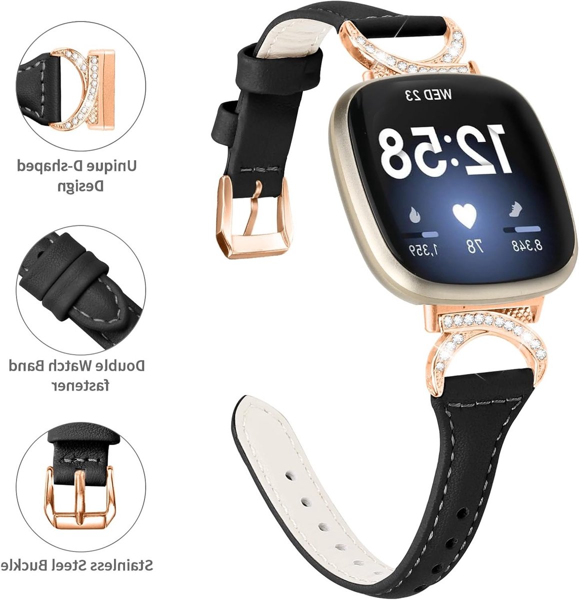 Zachte leren horlogeband voor Fitbit Versa 4, 3, Sense en Sense 2, verstelbare band met metalen gesp, geschikt voor mannen en vrouwen, stijlvol en duurzaam
