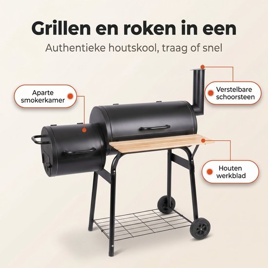 Lomera Smoker BBQ - Smokerbarbecue - Houtskool BBQ - Rookoven - Houtskoolbarbecue - Offset Grill - Rookgrill - Op Wielen - Met Thermometer - Buitenkeuken - Tuin Barbecue - Grillrooster - BBQ Roker - Smoker Grill - Barbecue Smoker van Lomera — afbeelding 3