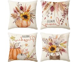 Artoid Mode Zonnebloemen, bladeren, vaas, pompoenen, herfst, kussenhoezen, 4-delige set, 50 x 50 cm, decoratieve kussenovertrek, bank, buitendecoratie