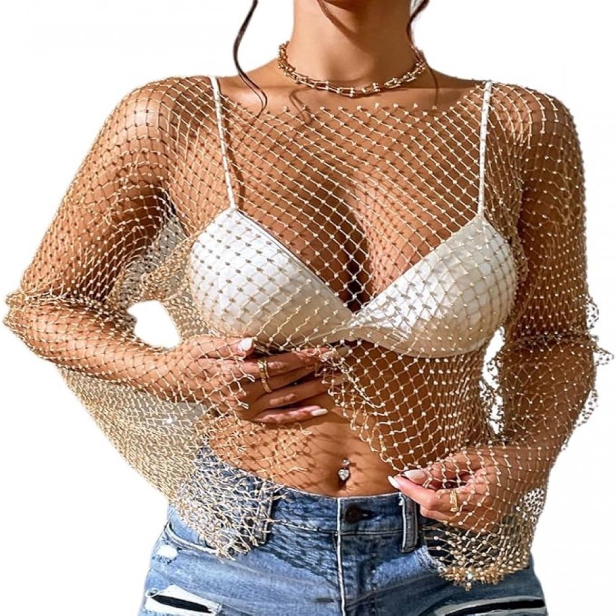 carmdering - Dames Langarm Strass Top - Glinsterend Net Mesh Shirt - Vrouwen Crop Top - Volledig Bedekt Met Strassstenen - Ademend Nylon Materiaal - Elastisch En Zacht - Perfect Voor Festival En Club - 1 Stuk - S