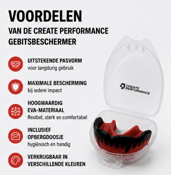 Gebitsbeschermer in rood/zwart met opbergdoos. De tekst 'VOORDELEN VAN DE CREATE PERFORMANCE GEBITSBERHEMER' staat bovenaan.