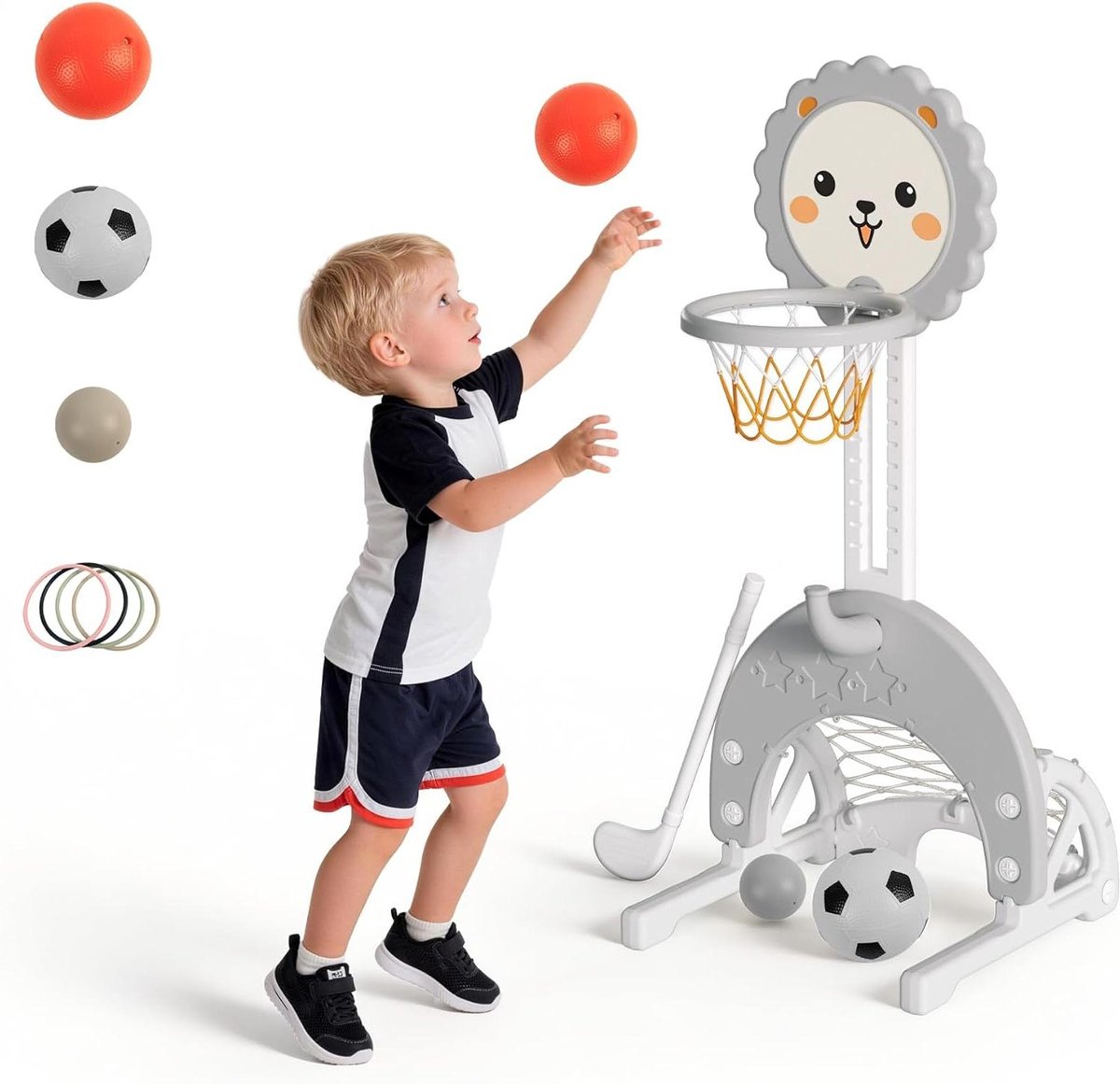 Kinder basketbal set - Sportspel - Binnen buiten spelen - 4-in-1 multifunctioneel - In hoogte verstelbaar - Grijs