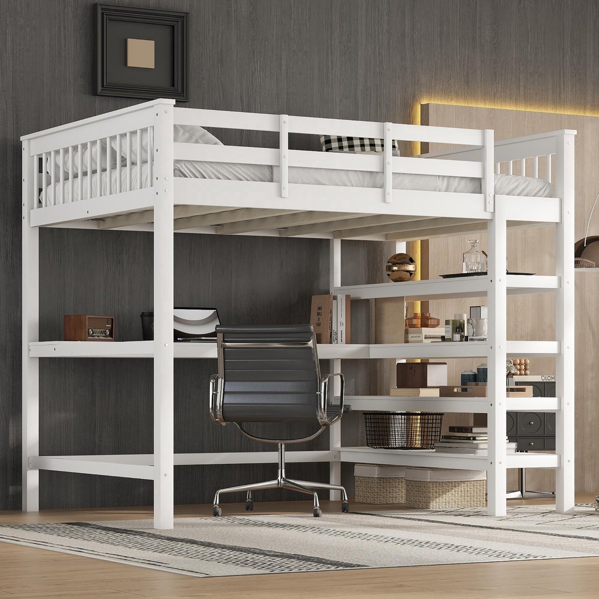 VVBV Ruimtebesparende Hoogslaper 140x200 cm - Bureau, Voor Kinderen/Tieners, Planken - Wit - Zonder Matras Grenen