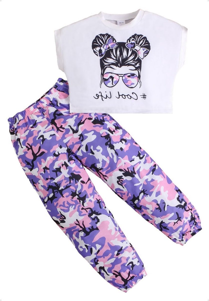 Zomerse Hip Hop Kleding Set voor Meisjes met Korte Mouwen en Camouflage Broek - Street Dance Outfit voor Kinderen van 5-12 Jaar met Comfortabele T-shirts en Broeken