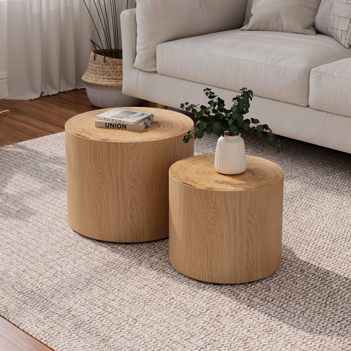 Salontafel Set van 2 – Bijzettafels / Nesttafels - Rond – 48x48x38 & 38x38x32 cm – Geschikt voor de woonkamer, slaapkamer en het balkon -Natuurlijke houtkleur