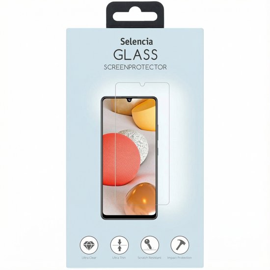 Emballage de protecteur d'écran Selencia Glass avec un téléphone affichant un économiseur d'écran avec des sphères abstraites.