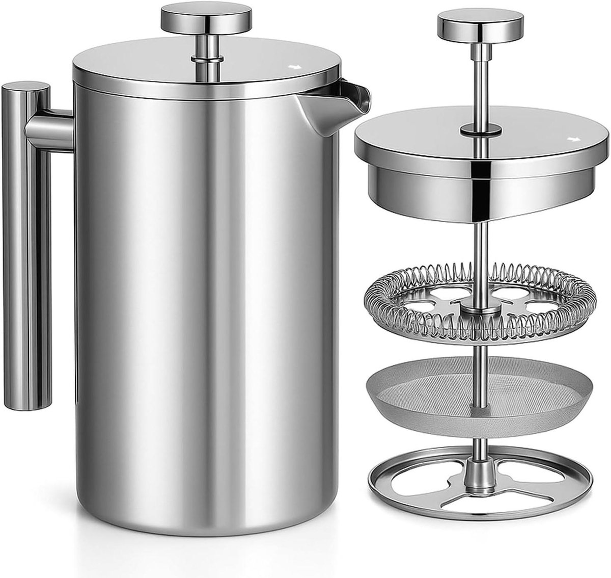 Koffiezetapparaat Roestvrij Staal - Cafetière Dubbelwandig - Thuis Koffie Zetten - Onbreekbaar Rijk Brouwsel - 1 Liter - Zilverkleurig