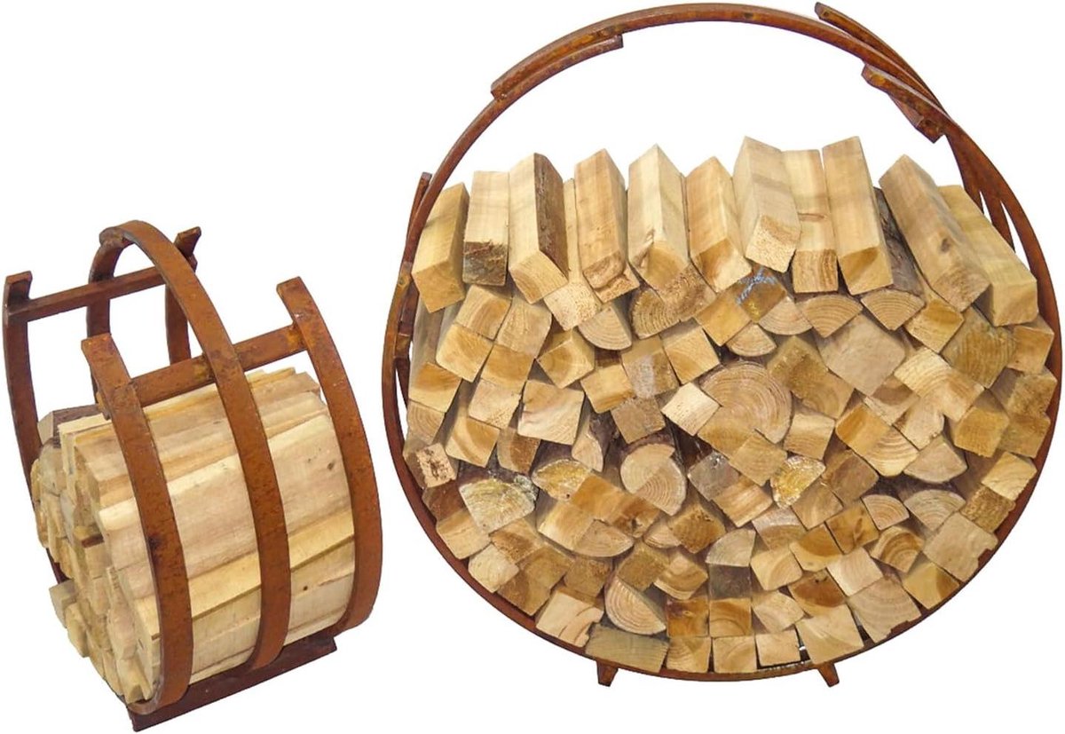 Brandhoutstandaard Set - Stapelrek Rond - Haardhout Opslag - Decoratief Design - Set van 2 Maten - Roestlook