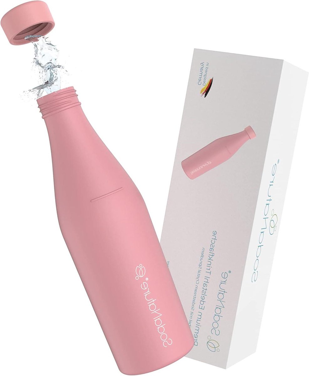 Premium 700 ml roestvrijstalen fles voor SodaStream Crystal, geschikt om te bruggen, vaatwasmachinebestendig en lekvrij, accessoires voor onderweg incl. mooie geschenkverpakking (roze)