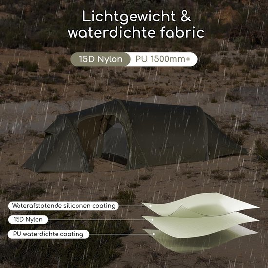 Naturehike® Opalus UL 3 - 3-persoons ultralichtgewicht tent met voortent - 4-seizoenen tunneltent - 15D 1500MM - Waterdichte trekkerstent & backpack tent - Olijfgroen van Merkloos — afbeelding 3