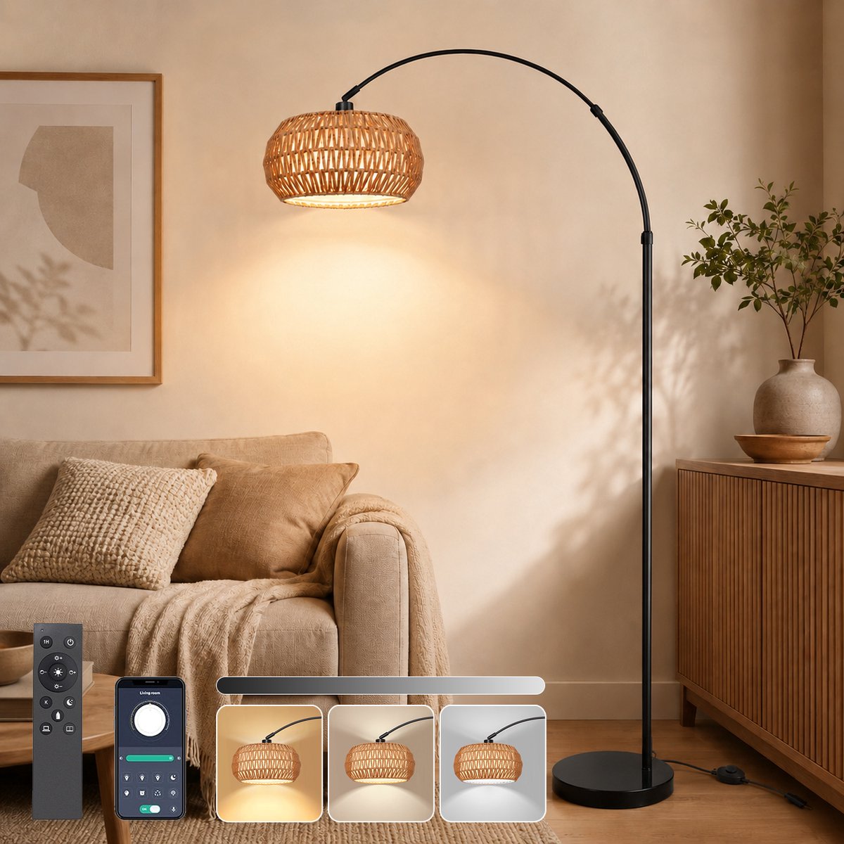 Rosnek Slimme Booglamp met Rotan Kap - Traploos Dimbare Arc Vloerlamp - E27-fitting - Zware Marmeren Voet - Bohemian & Industrieel - Bediening via App