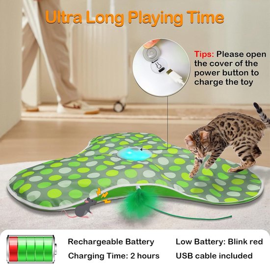 Groen met lichtgroene stippen speelkleed met veren voor katten. Met tekst 'Ultra Long Playing Time'.