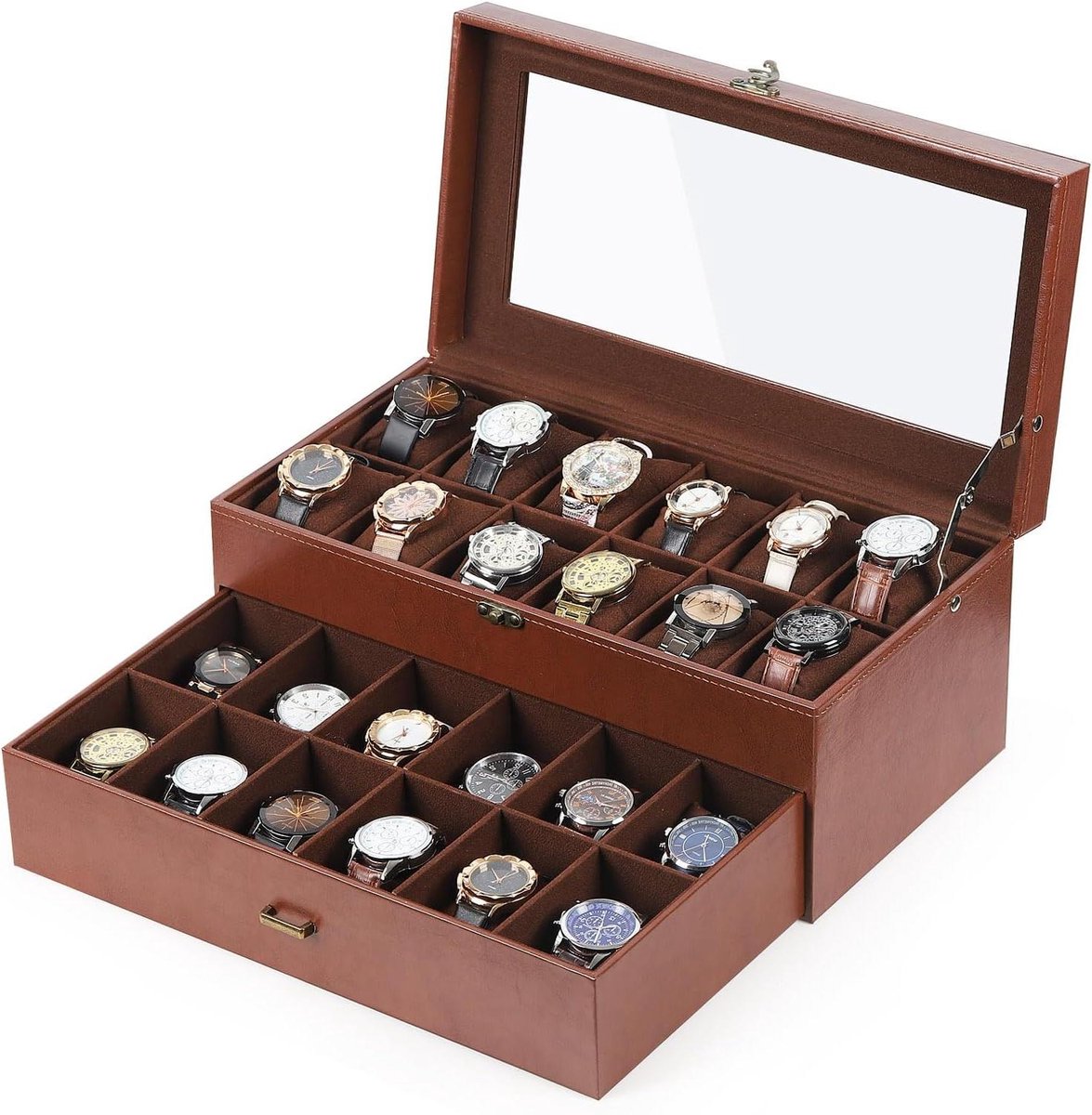 Horloge Doos - Sieraden Organizer - Horloges Opbergen - 24 Uitneembare Kussens - 36 x 23 x 18 cm - Koffie