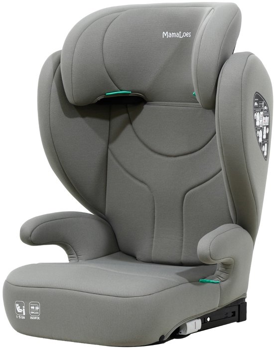 Grijze autostoel van MamaLoes met verstelbare hoofdsteun en Isofix-bevestiging. Vooraanzicht met 'i-Size' en '5*CLICK ISOFIX' logo's.