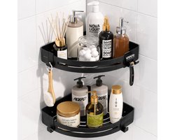 BOTC Doucherek - 2 laags Doucherek zonder boren - Roestvrij en Zelfklevend - doucherekje Met 4 Haken - Doucherek Hangend - Zwart