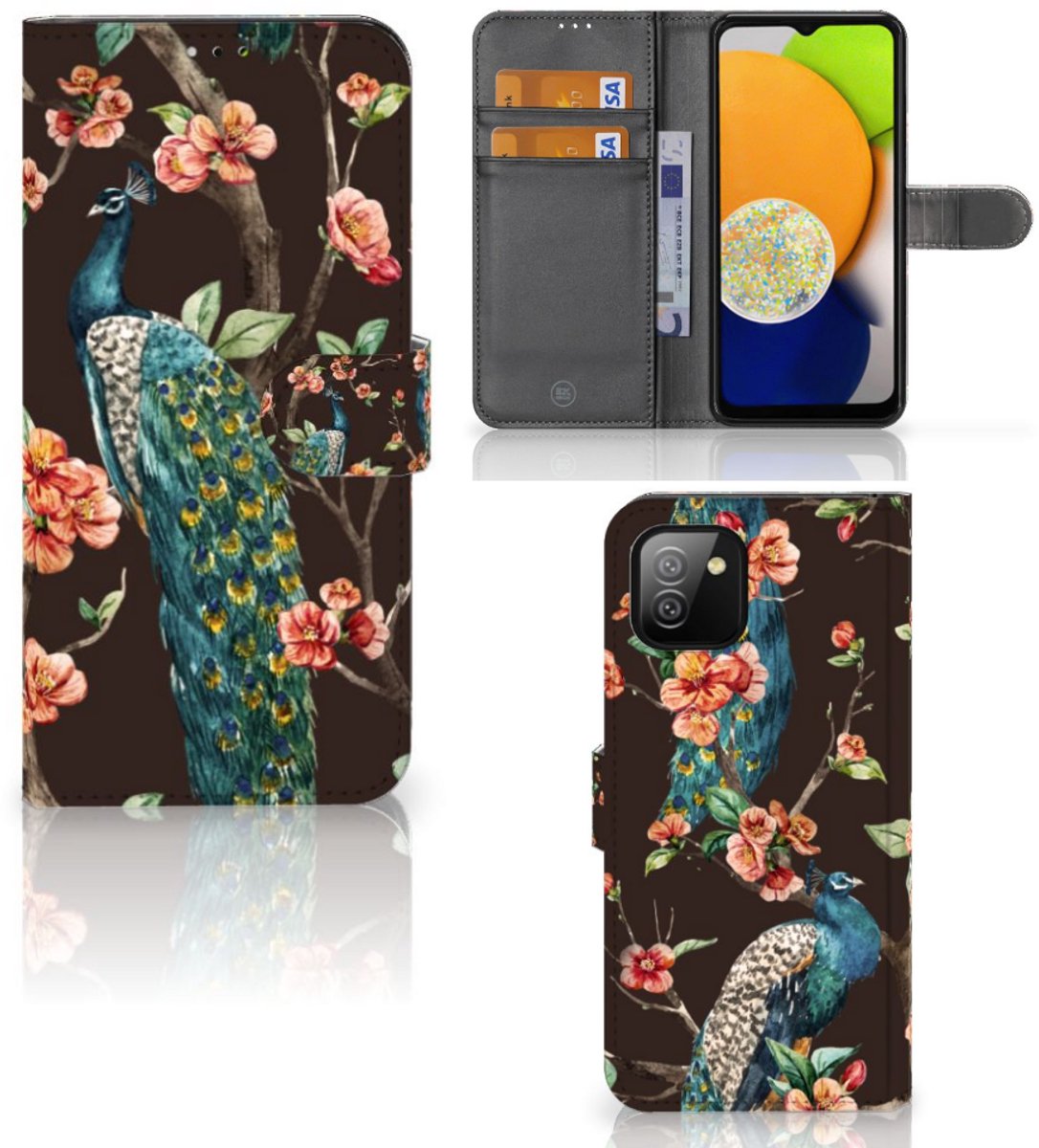 Samsung Galaxy A03 Telefoonhoesje met Pasjes Pauw met Bloemen