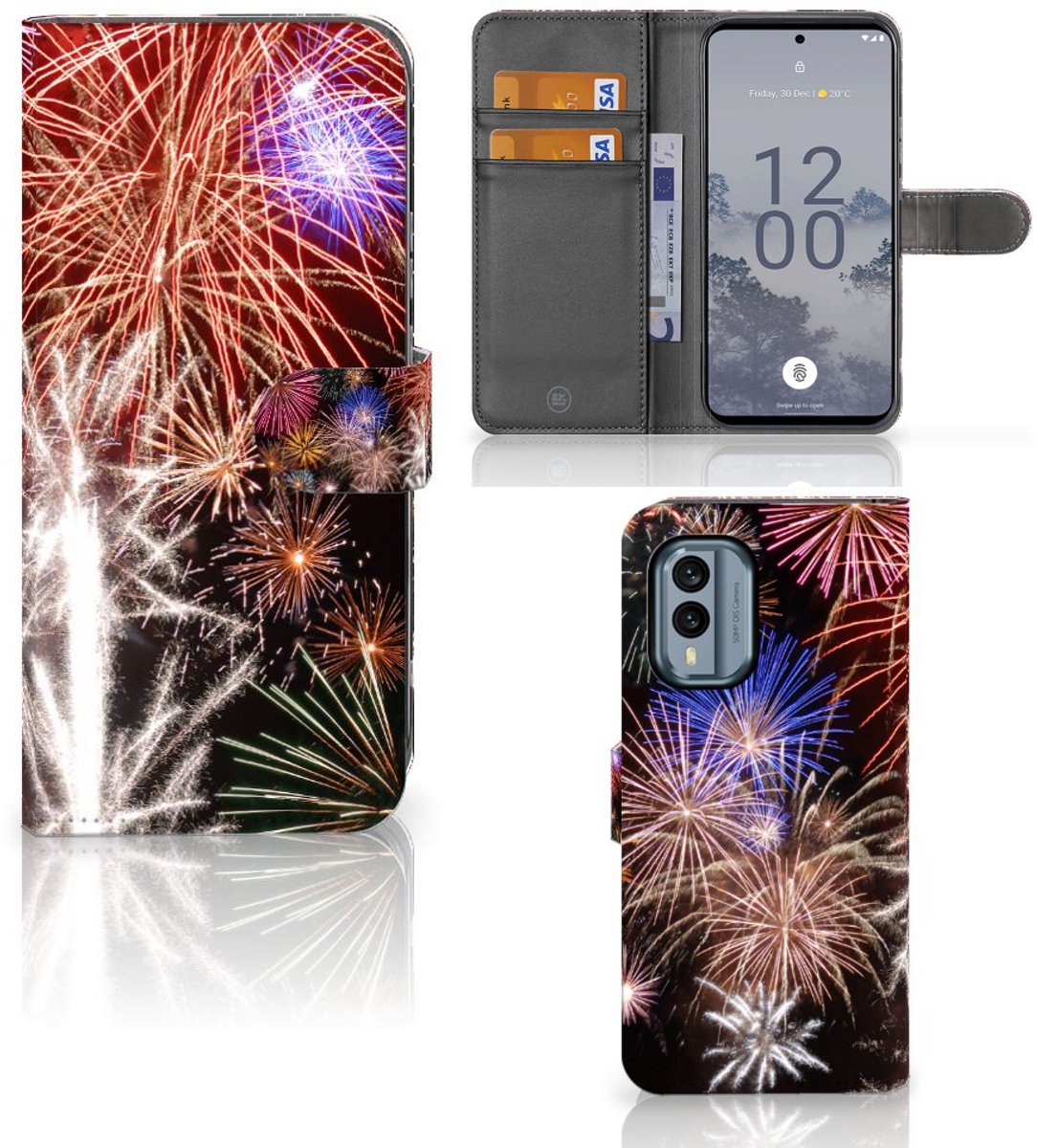 Nokia X30 Wallet Case met Pasjes Vuurwerk